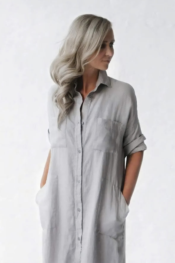 Maxi Shirt Dress with Pockets - Light Grey
