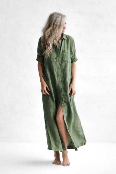 Maxi Shirt Dress with Pockets - Olive