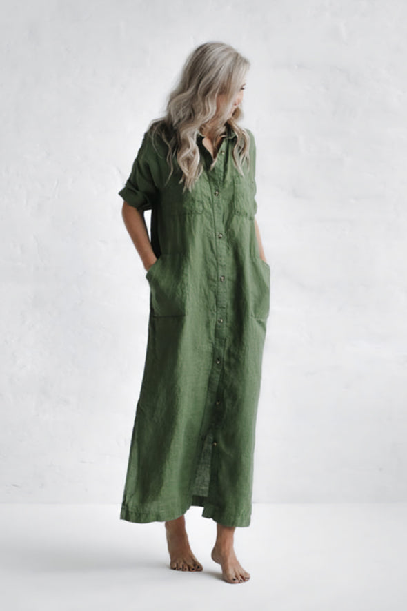 Maxi Shirt Dress with Pockets - Olive