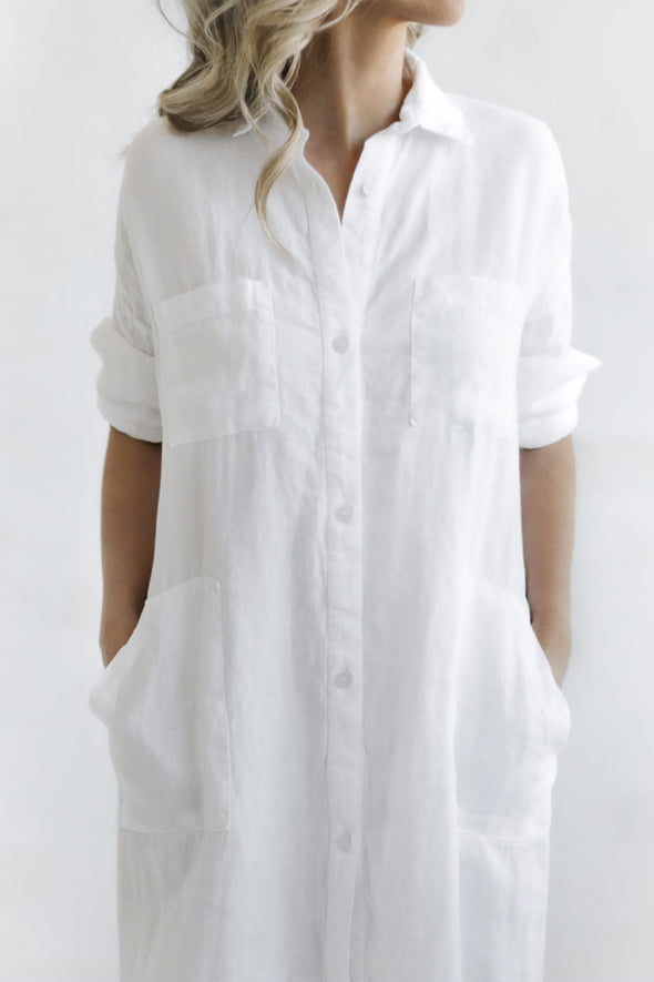 Maxi Shirt Dress with Pockets - White