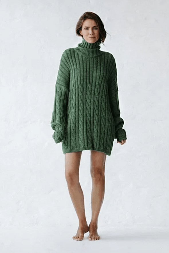 Cable Knit Turtleneck Sweater - Green