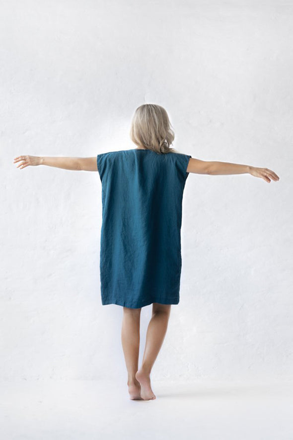 Short Square Linen Dress - Blue