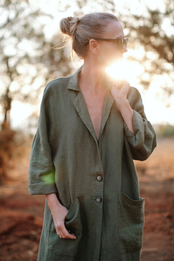 Kimono Linen Coat - Khaki Green