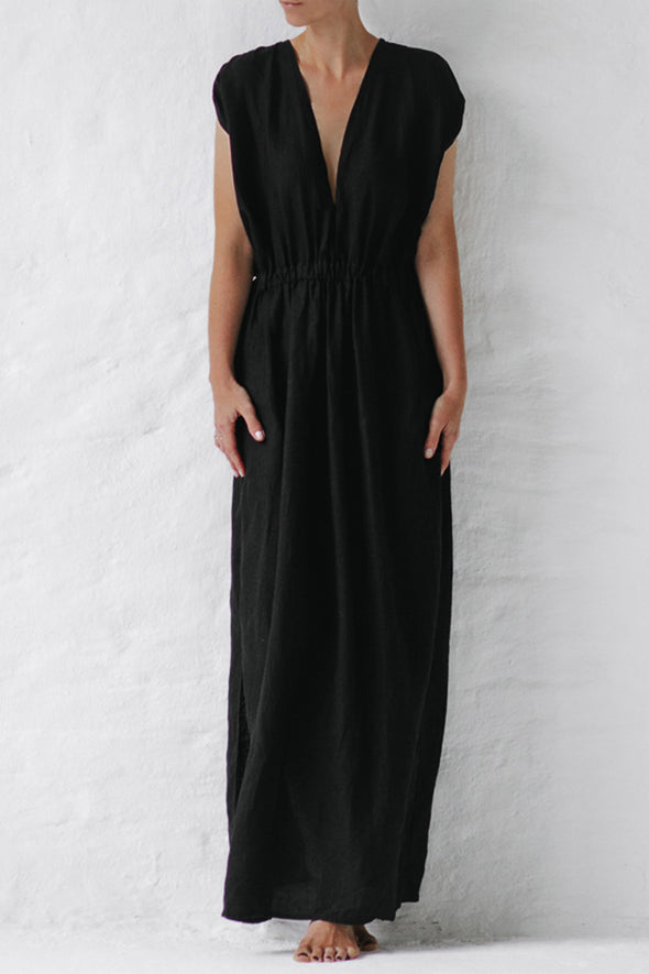 Column Linen Dress - Black