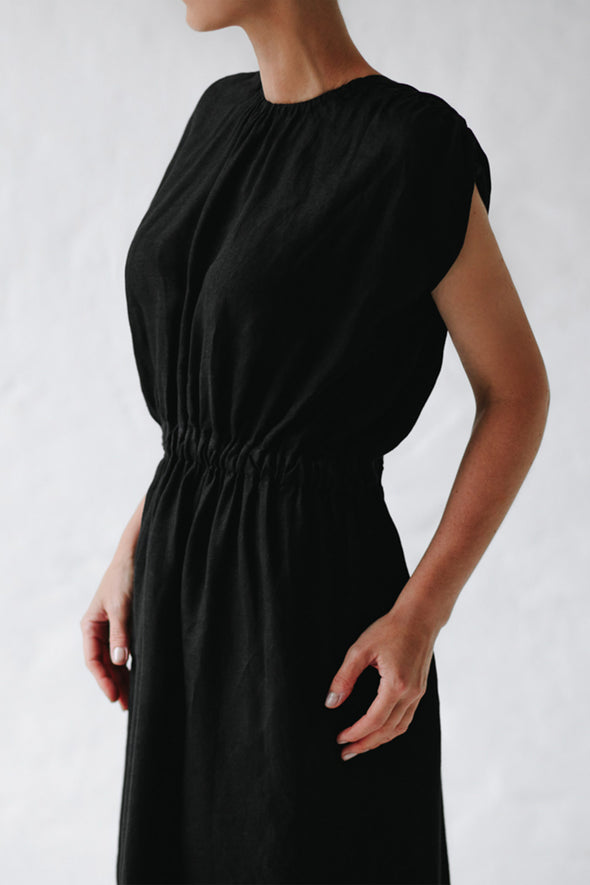 Column Linen Dress - Black