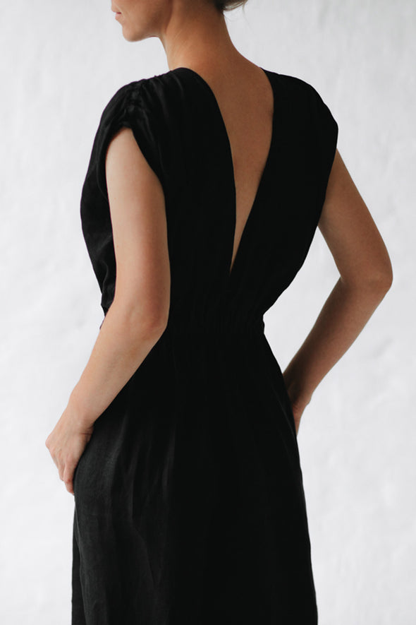 Column Linen Dress - Black