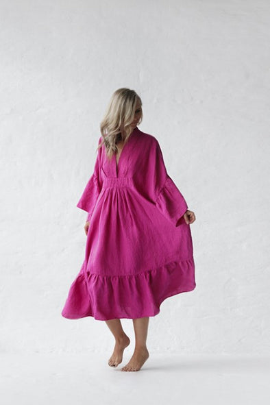 Sea Linen Dress - Neon Pink