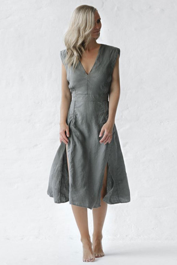 Star Linen Dress - Grey