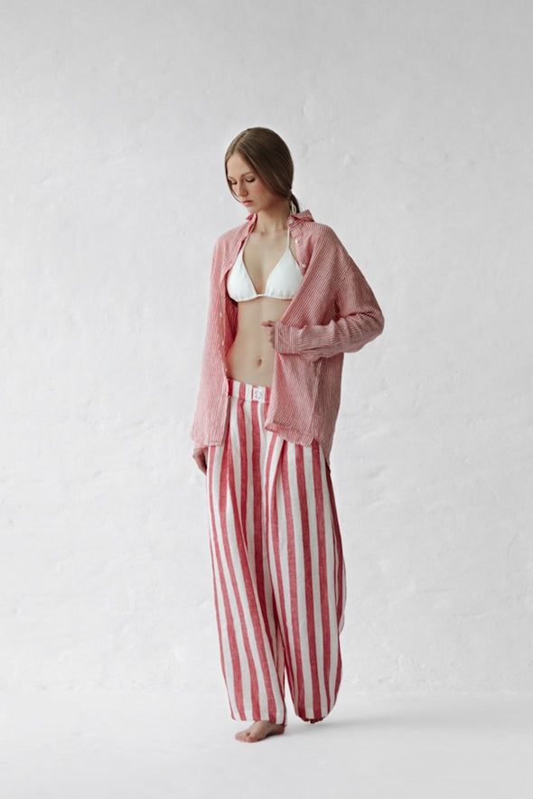 Palazzo Linen Pants - Red Stripe