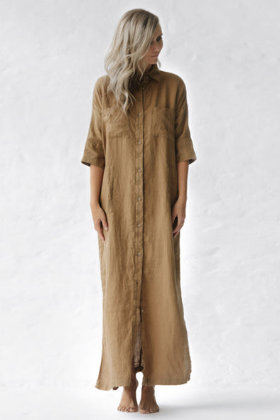 Maxi Shirt Dress with Pockets - Beige