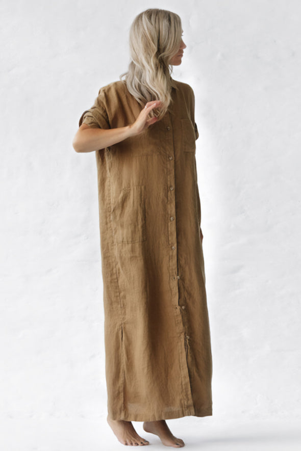 Maxi Shirt Dress with Pockets - Beige