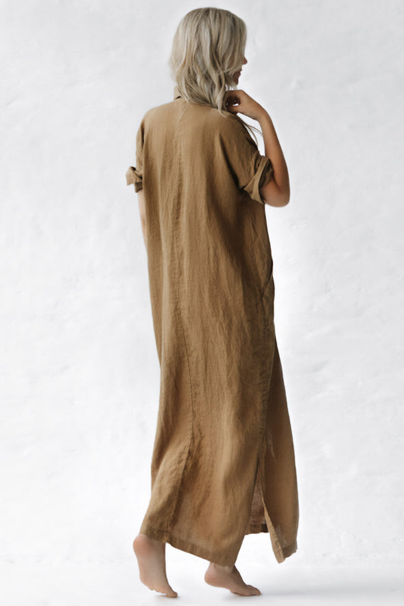 Maxi Shirt Dress with Pockets - Beige