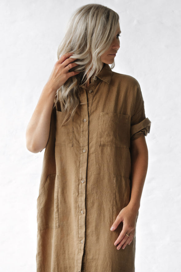 Maxi Shirt Dress with Pockets - Beige