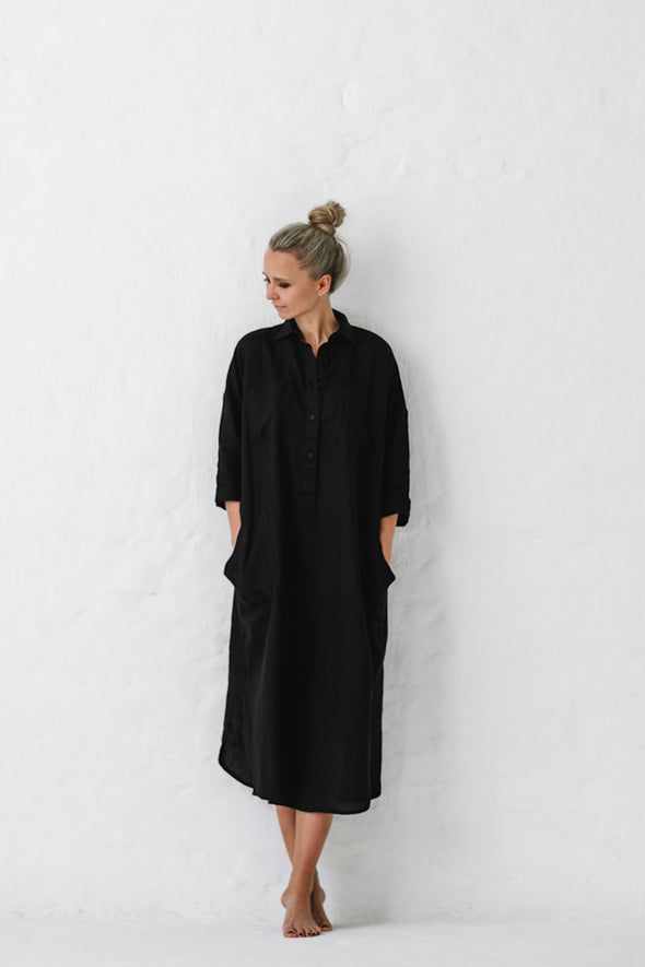 Shirt Dress with Pockets - Black