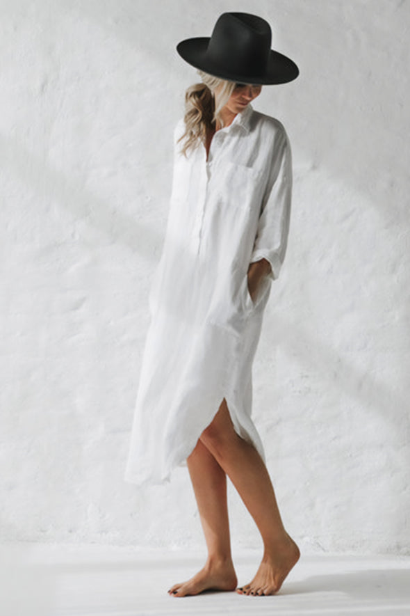 Shirt Dress with Pockets - White