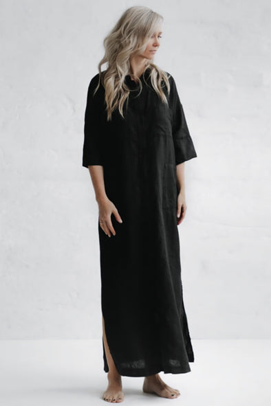 Maxi Shirt Dress with Pockets - Black