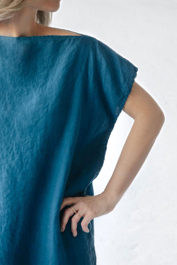 Short Square Linen Dress - Blue