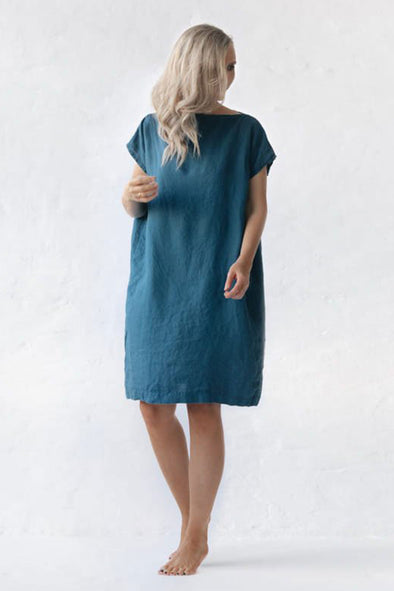 Short Square Linen Dress - Blue