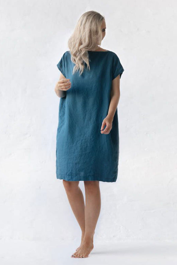 Short Square Linen Dress - Blue