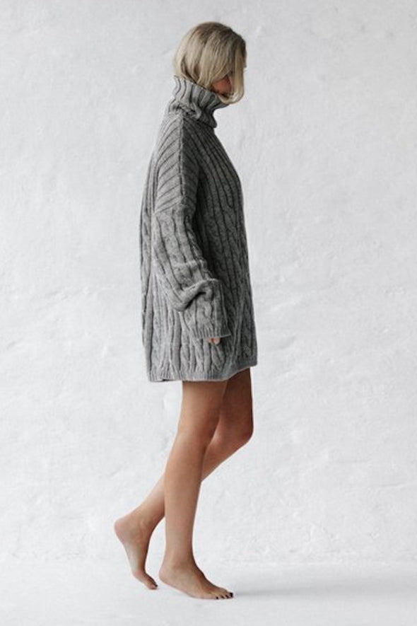 Cable Knit Turtleneck Sweater - Grey