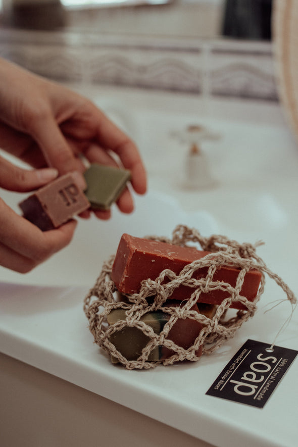Hemp bag filled with soap pieces