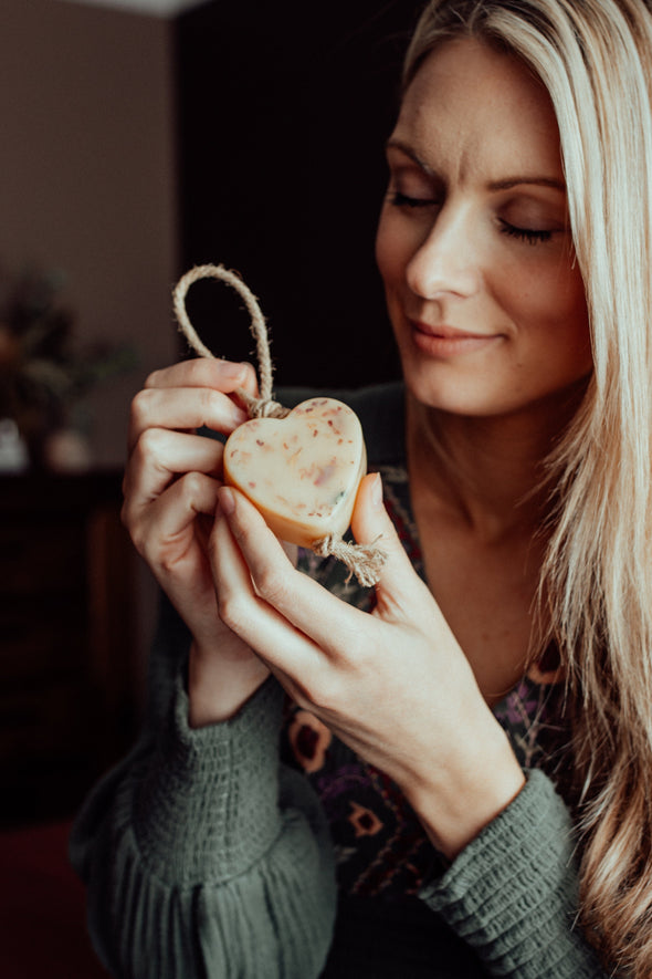 Tangerine + lemon wax heart on a rope