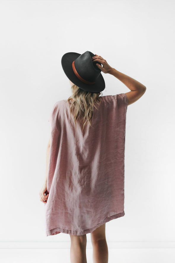 Short Square Linen Dress - Dusty Pink