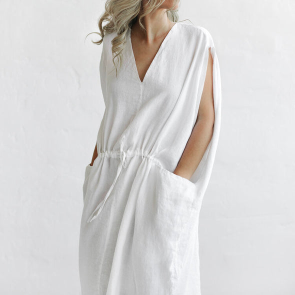 Drawstring Waist Dress - White